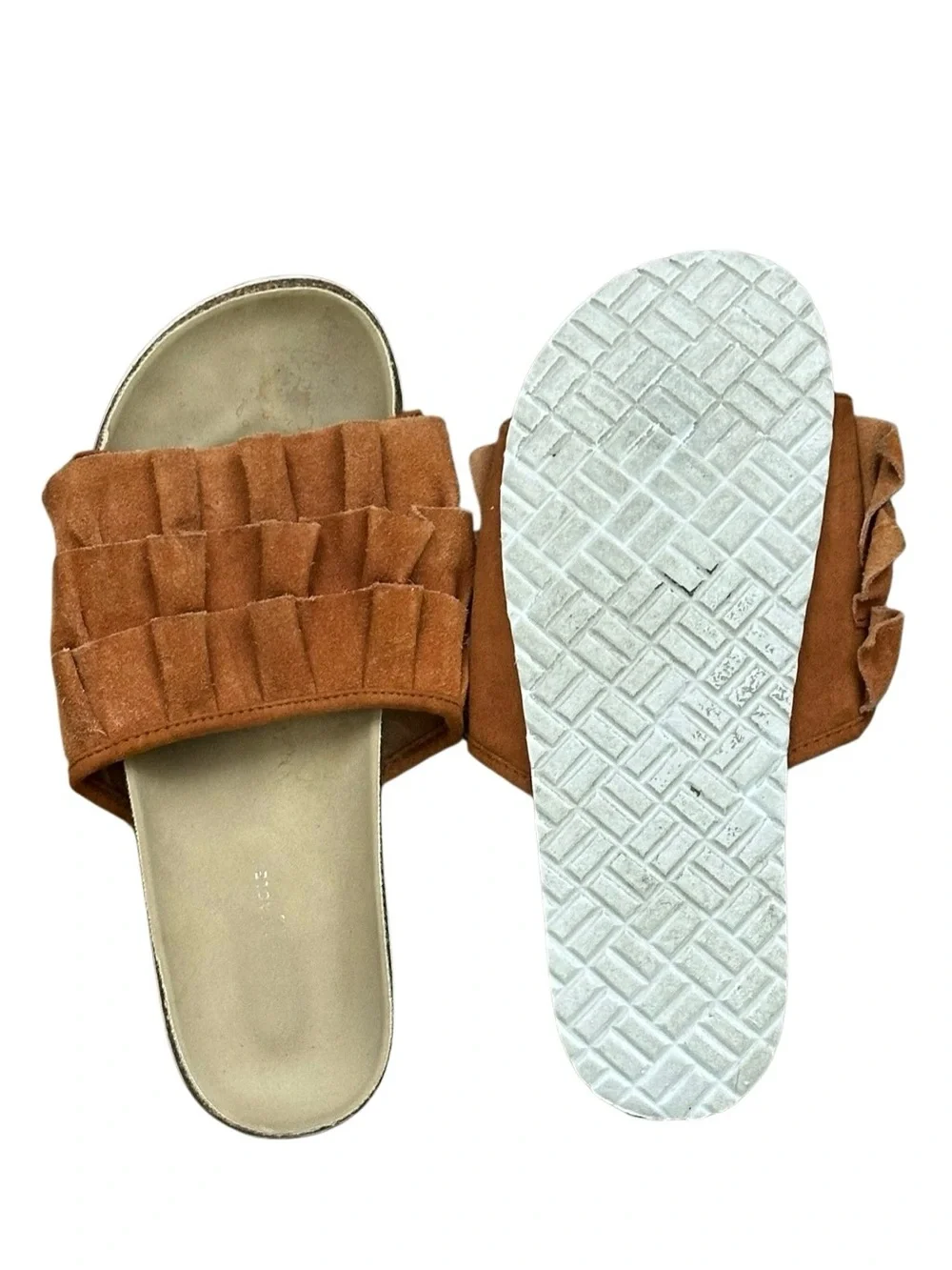 Suede Ruffle Slide Sandals - Rust Size 8
